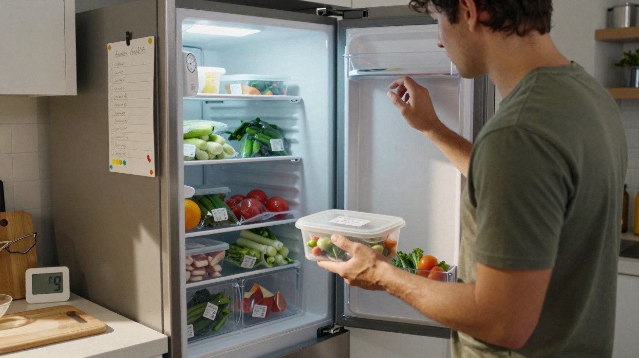Man holding a container of vegetables while looking into an open fridge stocked with fresh produce.