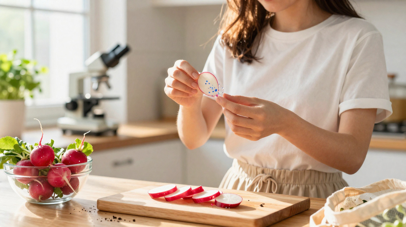 Person sprinkling black pepper on sliced radishes on a wooden chopping board in a bright kitchen.