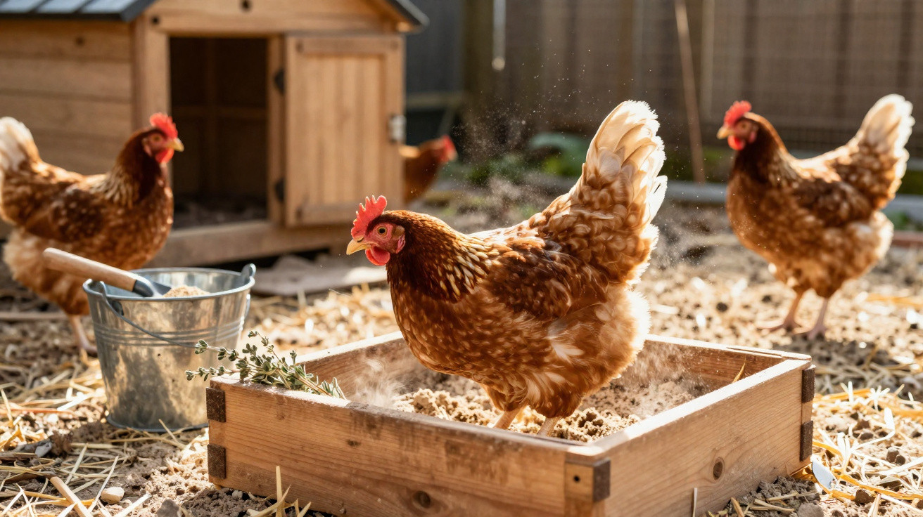 Brown chickens dust bathing in a wooden tray near a chicken coop and a metal bucket in a sunny farmyard.
