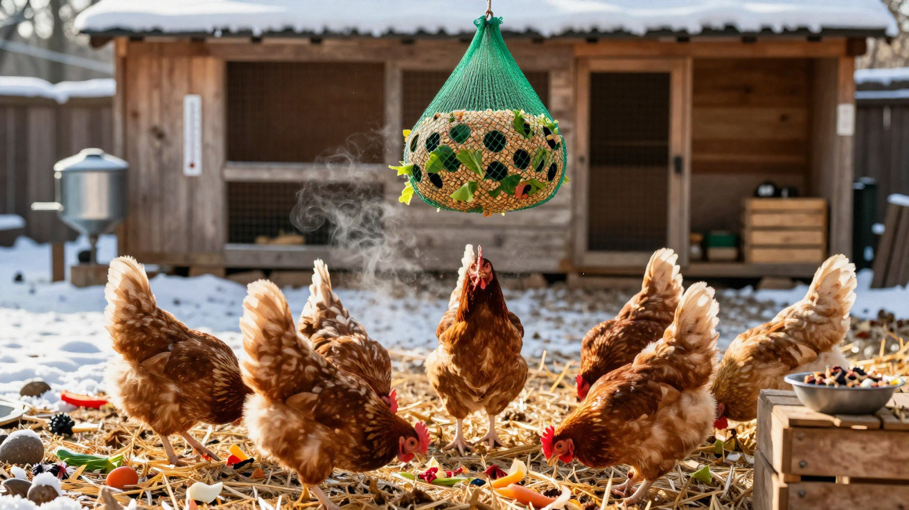 Brown chickens pecking at food on straw-covered ground under a hanging green net feeder in a snowy outdoor coop.