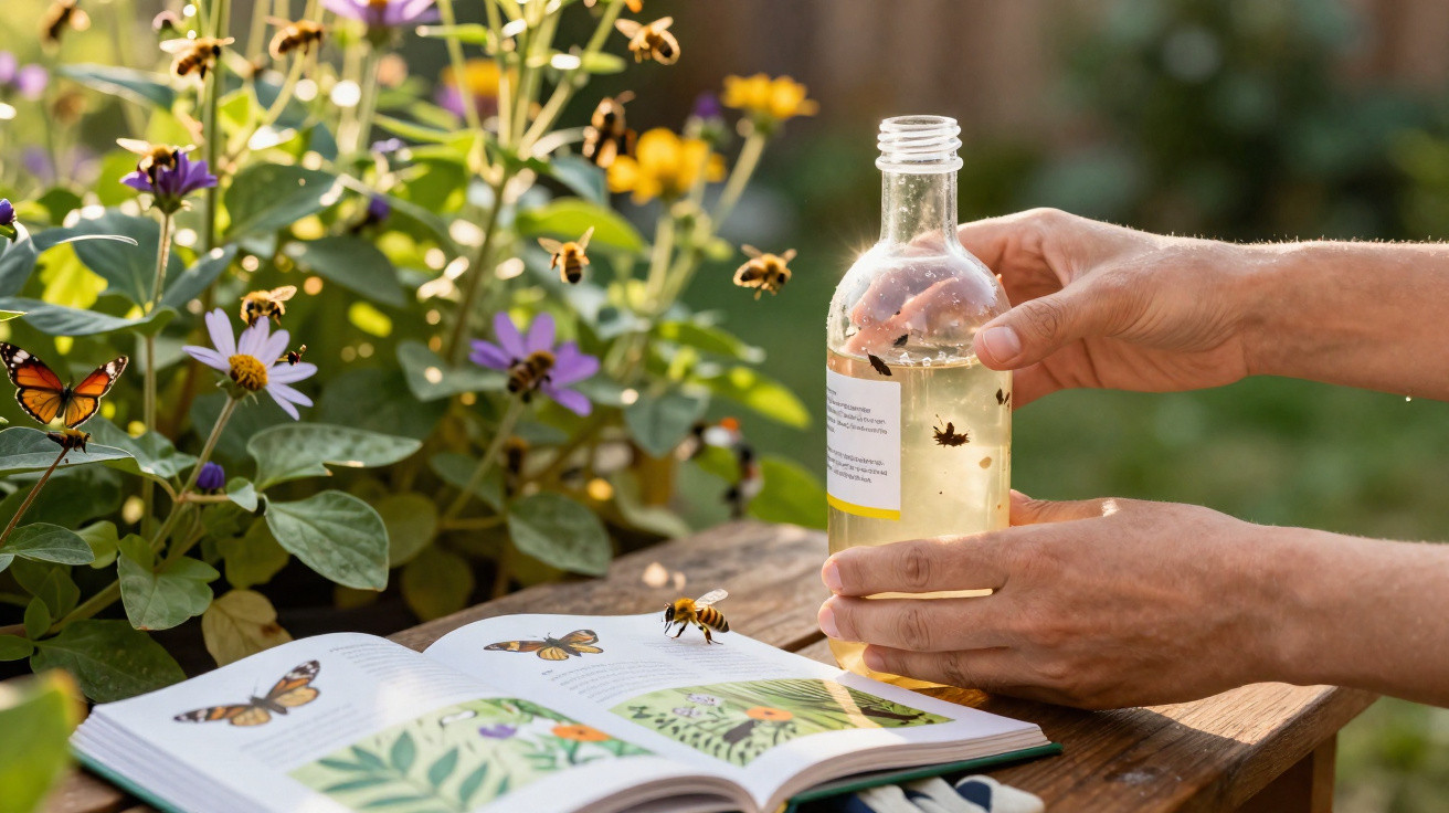 Hands holding a bottle with bees near a book and flowers with butterflies and bees in sunlight.