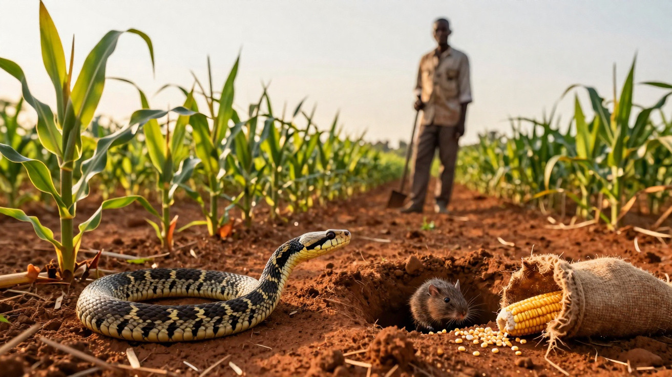 Snake and mouse near a maize hole with spilled corn, farmer with hoe in the background on a farm field.