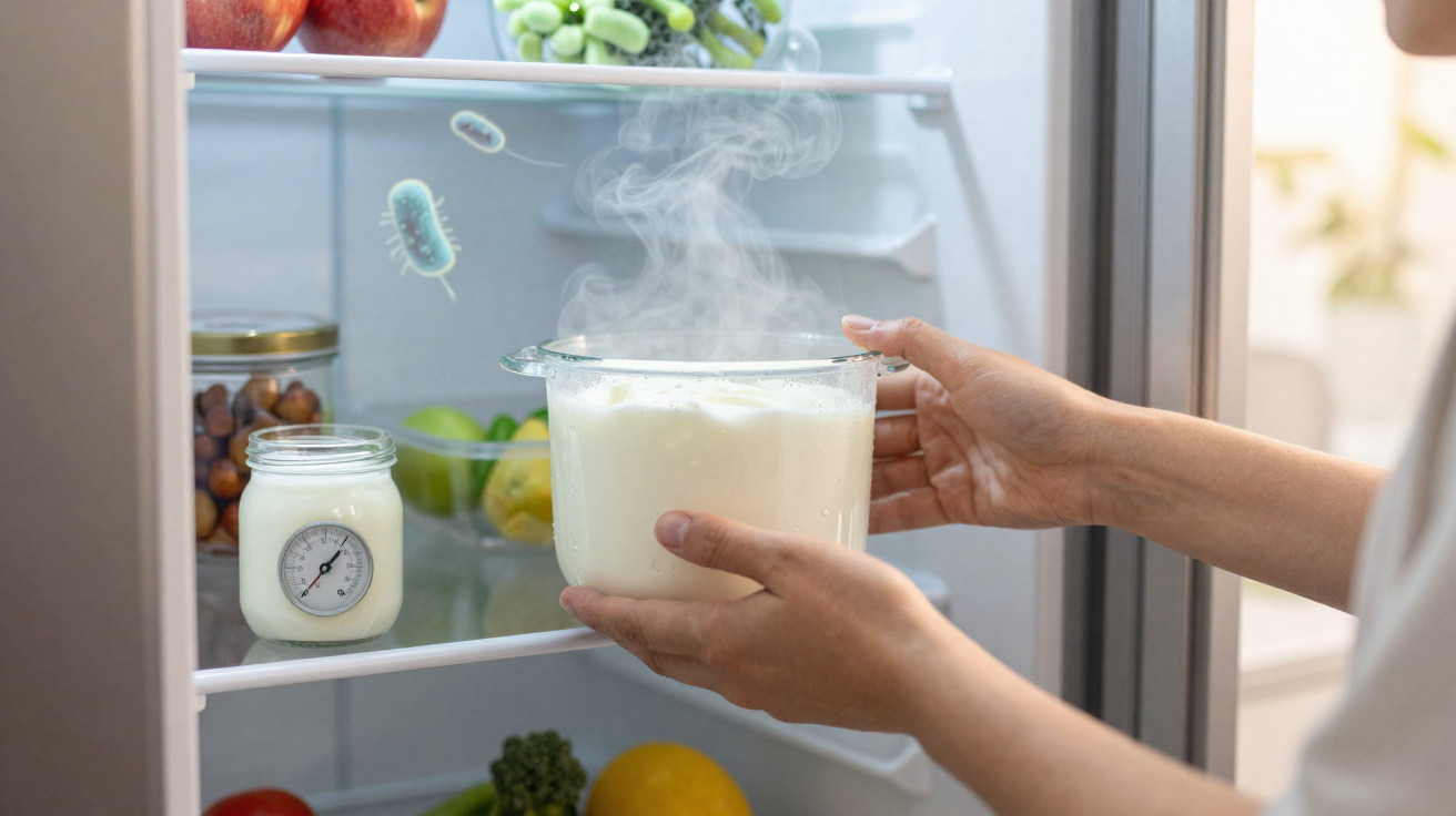 Hands placing a steaming hot bowl inside a refrigerator with various fruits and food jars visible inside.