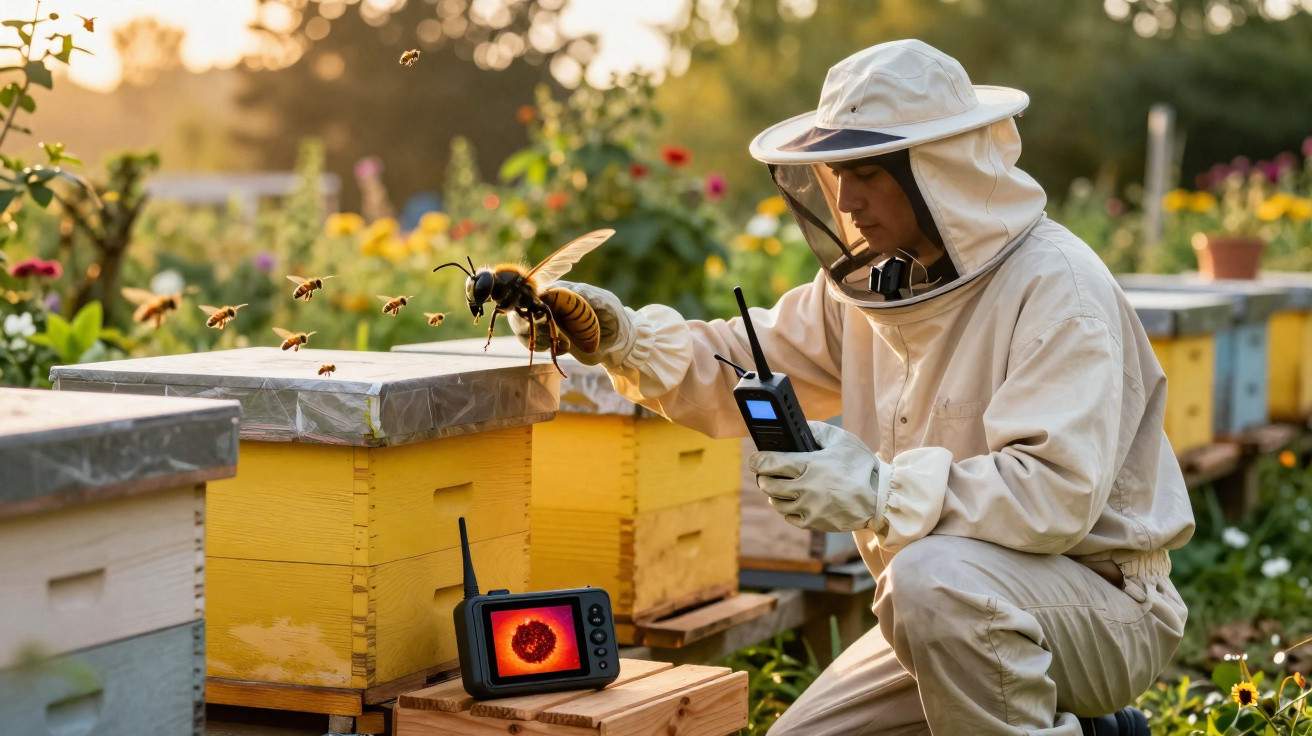 Beekeeper in protective suit inspecting a hive with a large bee and digital monitoring equipment outdoors.