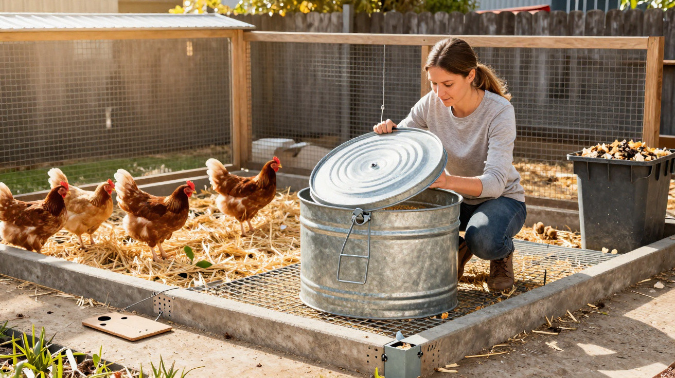 Woman opening metal bin inside chicken coop with four brown chickens nearby on straw bedding.