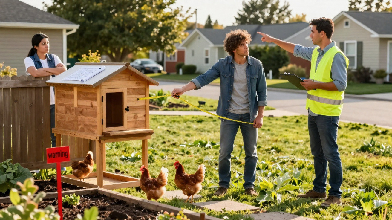 Three people measuring a wooden chicken coop in a garden with chickens nearby on a sunny day.