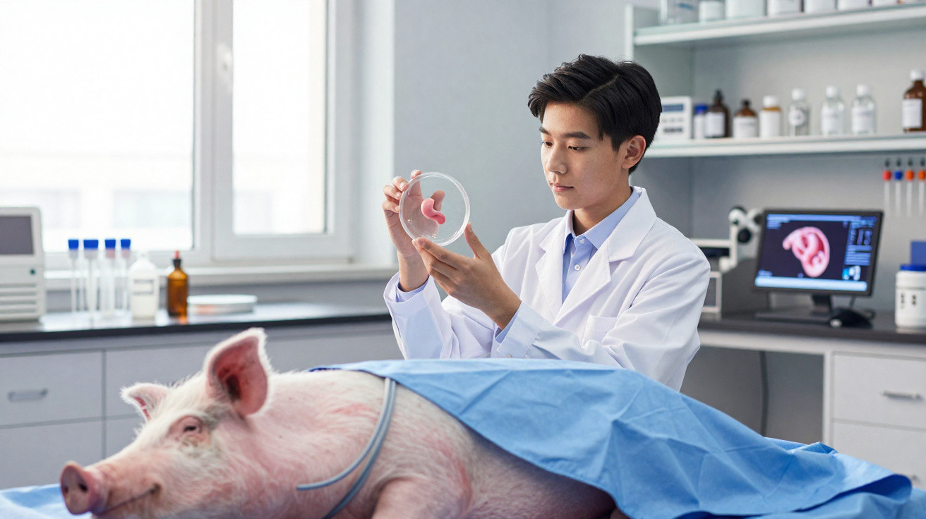 Scientist in lab coat examines pig organ sample while a pig lies covered with blue cloth in a laboratory.