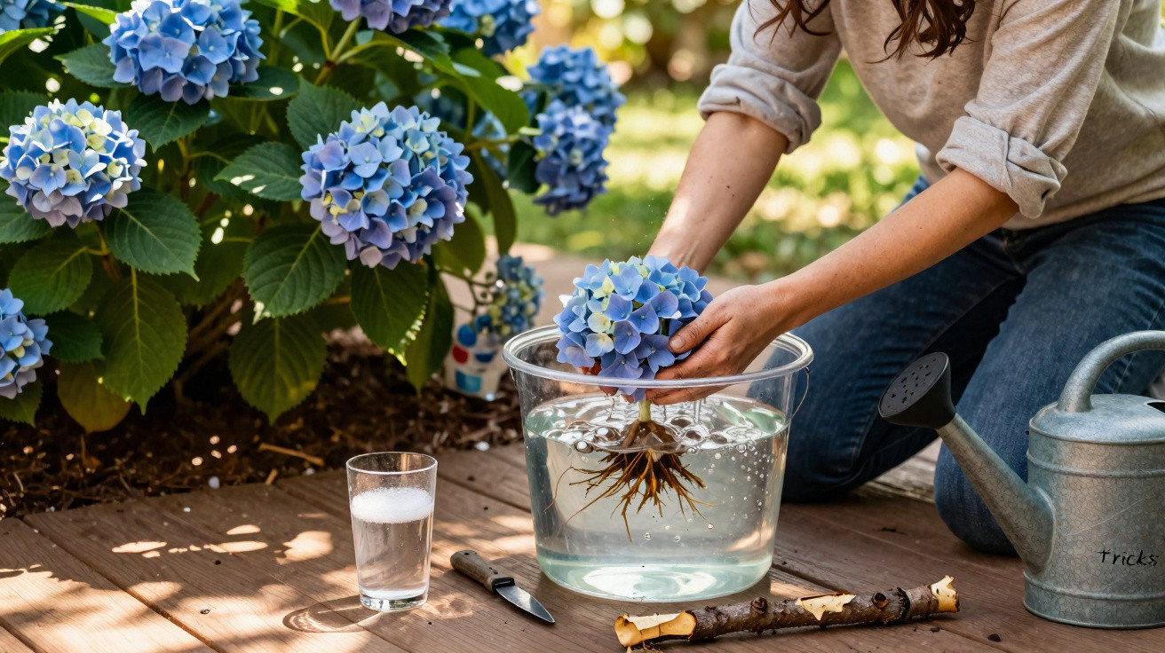 Person soaking blue hydrangea roots in water outdoors, surrounded by gardening tools and plants.