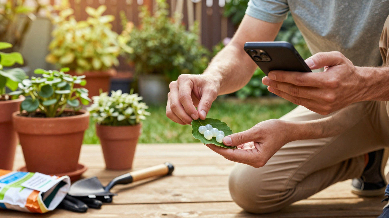 Person placing white gel capsules on a green leaf while holding a smartphone in an outdoor garden setting.