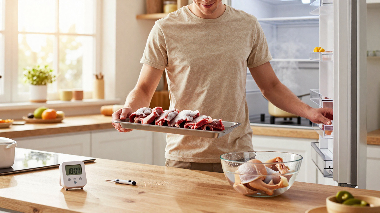 Person placing a tray of raw meat into a refrigerator in a bright kitchen.