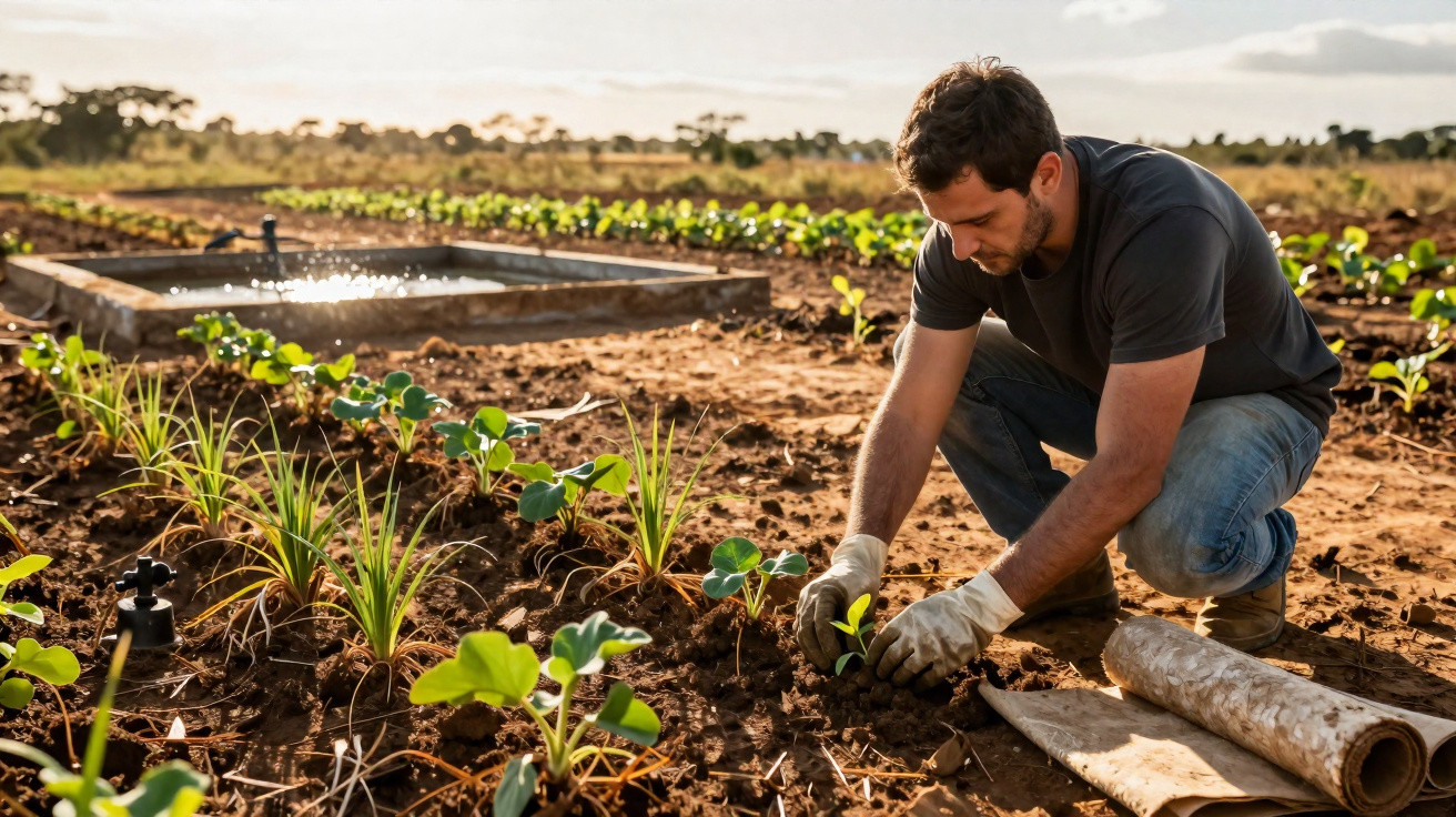 Man wearing gloves planting seedlings in a field with rows of young plants in the background.