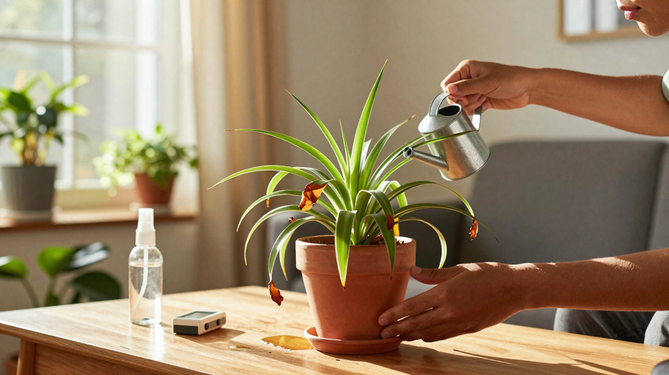 Person watering a potted spider plant with brown leaves on a wooden table indoors.