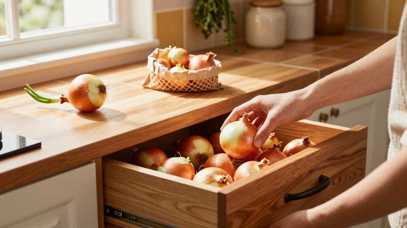 Hand placing an onion into a wooden drawer filled with onions in a sunlit kitchen.