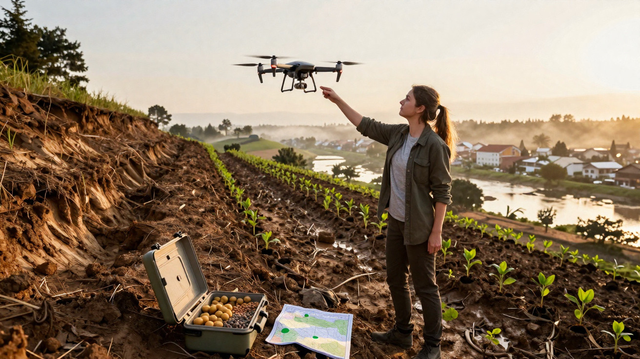 Woman launching a drone in a field with plants, a map and equipment case nearby at sunrise.