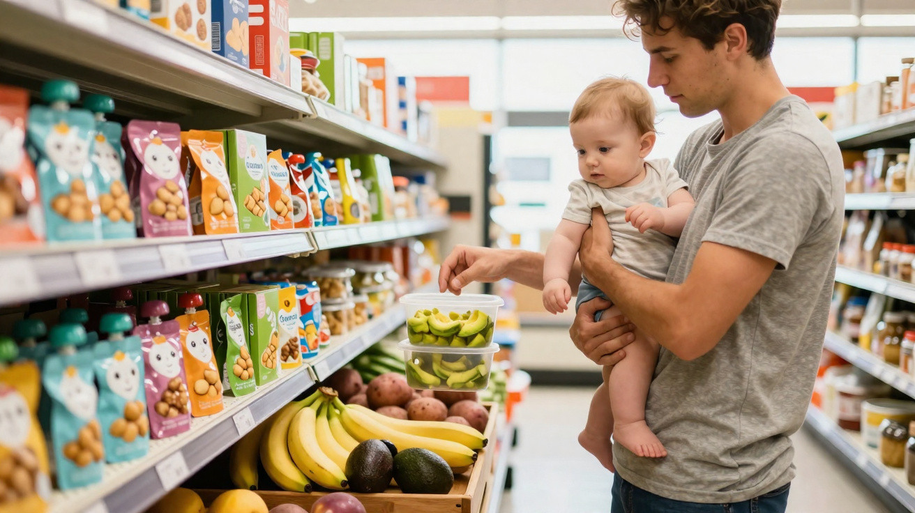 Man holding a baby while selecting avocados in a grocery store aisle with fresh fruit and snacks.
