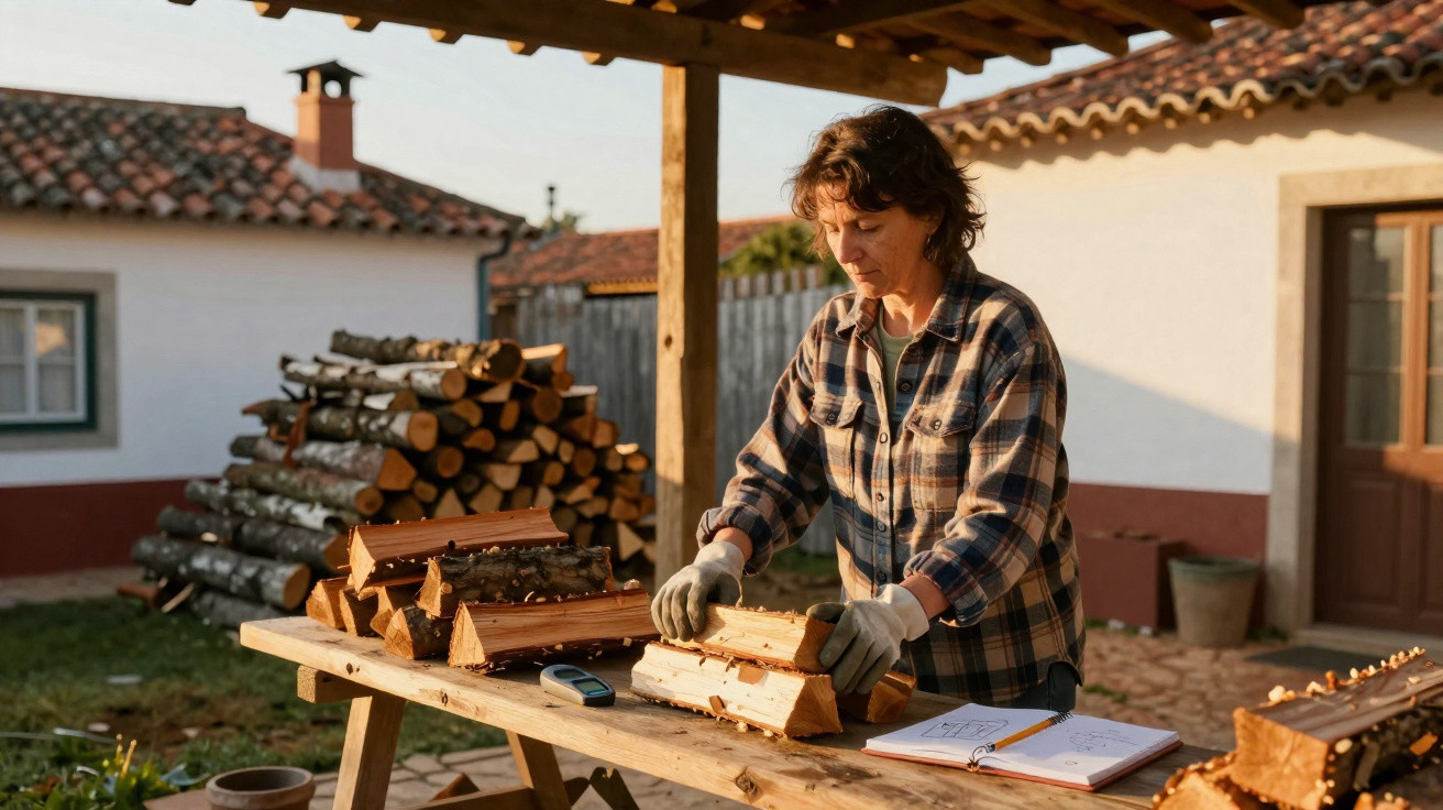 Woman stacking cut firewood on a wooden table outside a rustic house in the warm sunlight.