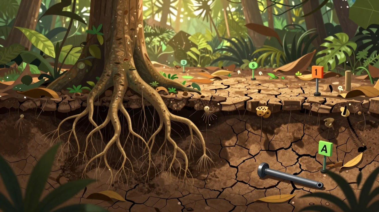 Cross-section of forest floor showing tree roots, soil layers, fungi, and lab markers for scientific study.