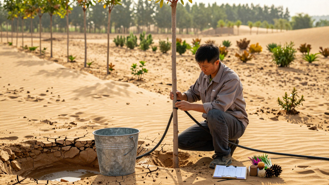 Man kneeling in desert soil setting up irrigation for young tree with bucket and clipboard nearby.