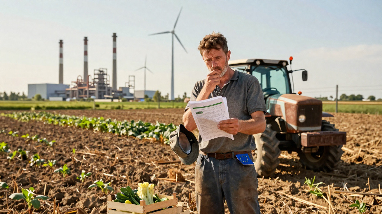 Farmer standing in a field beside a tractor, reading papers with wind turbines and industrial buildings in the background.