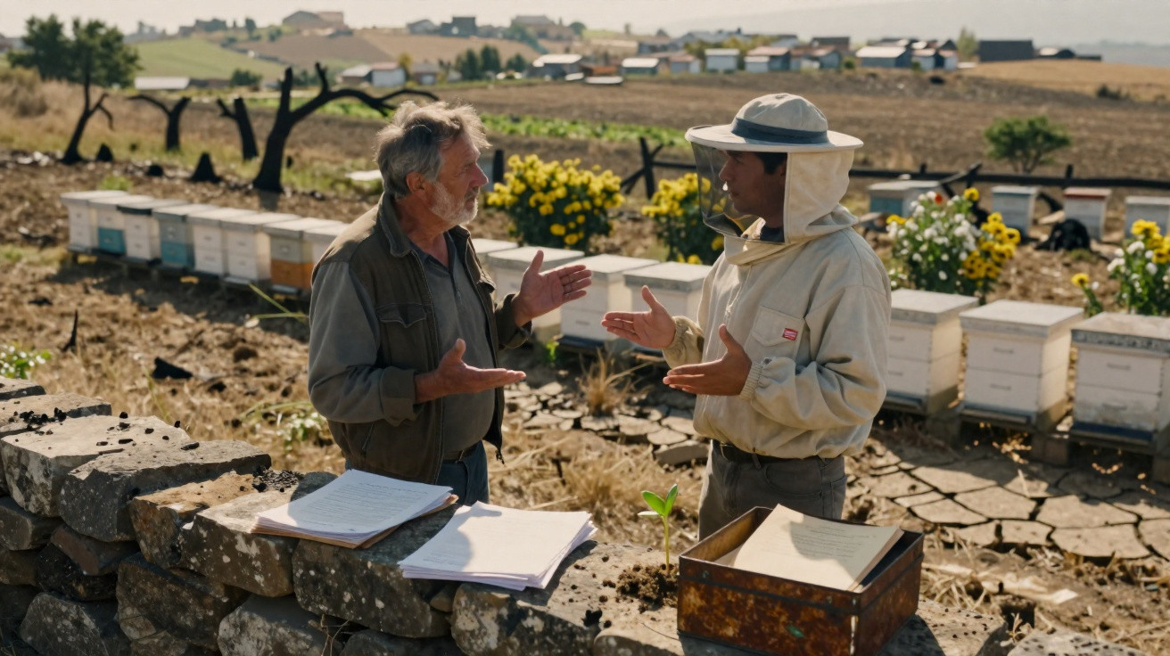Two men, one in beekeeping gear, discuss near beehives in a rural setting with flowers and farmland in the background.