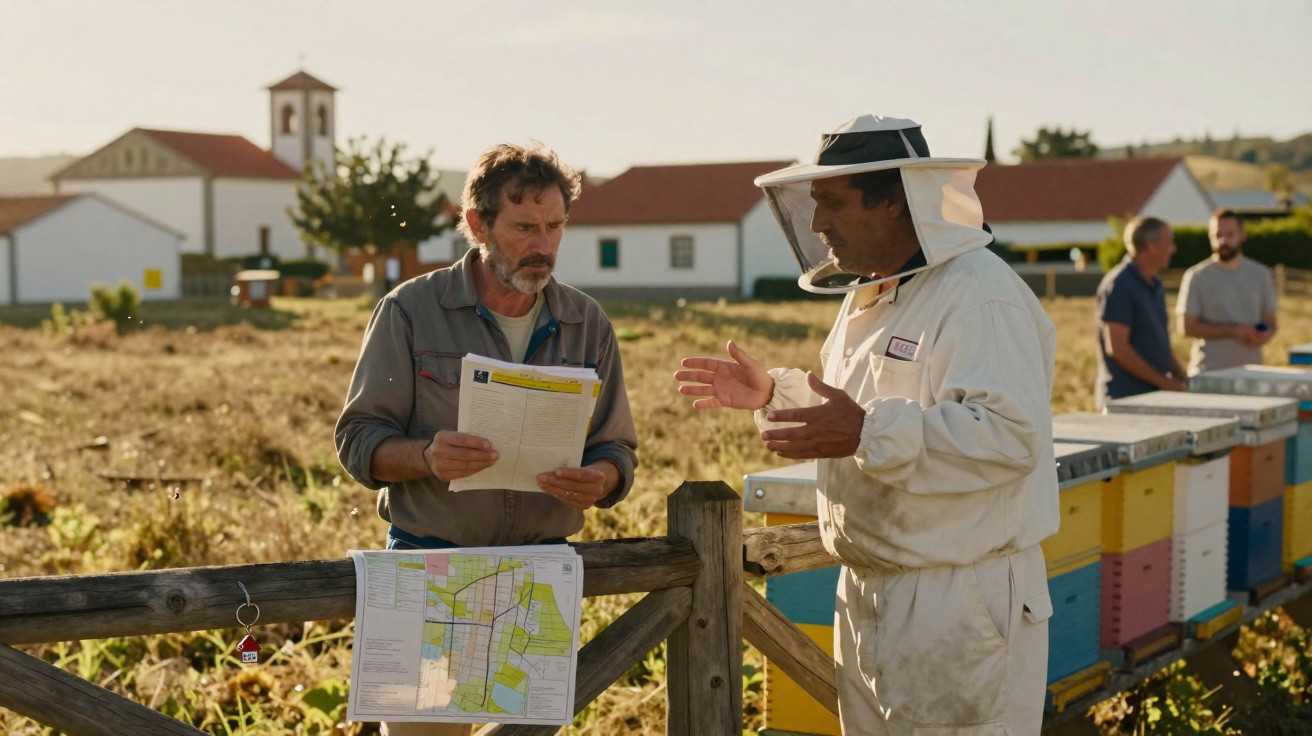 Two men, one in beekeeping gear, discuss documents near colourful beehives in a rural setting with houses in the background.