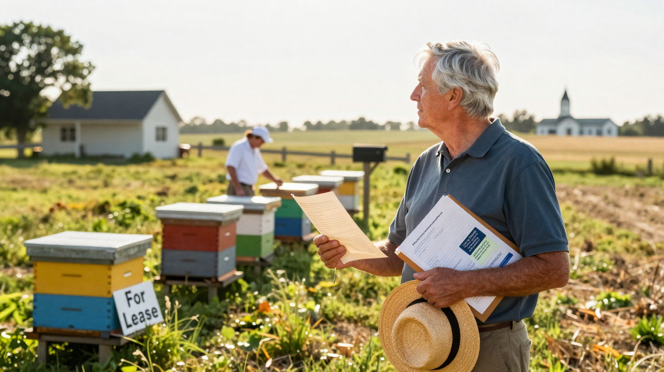 Older man holding papers and hat near bee hives with a ‘For Lease’ sign in a rural setting.