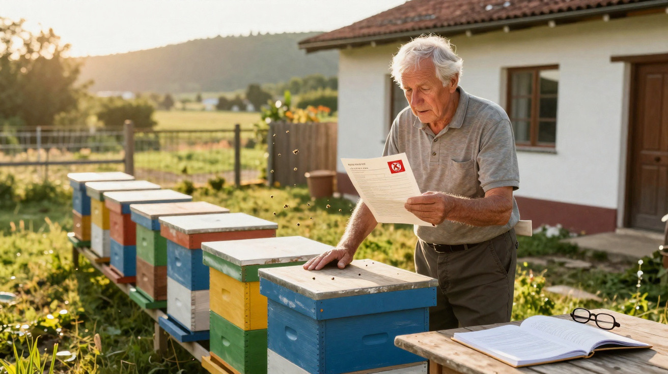 Elderly man reading instructions beside colourful beehives in a sunny garden near a rural house.