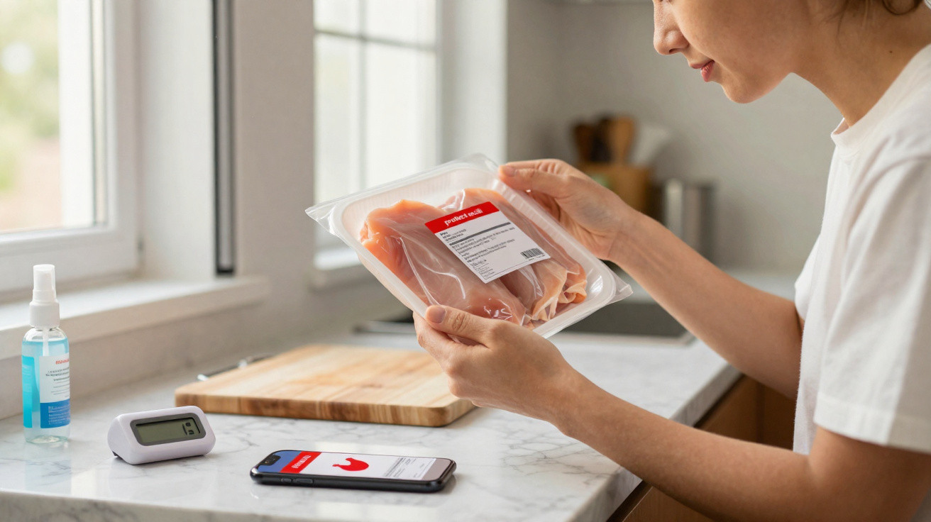 Person holding packaged raw chicken over kitchen counter with thermometer and smartphone displaying food app.