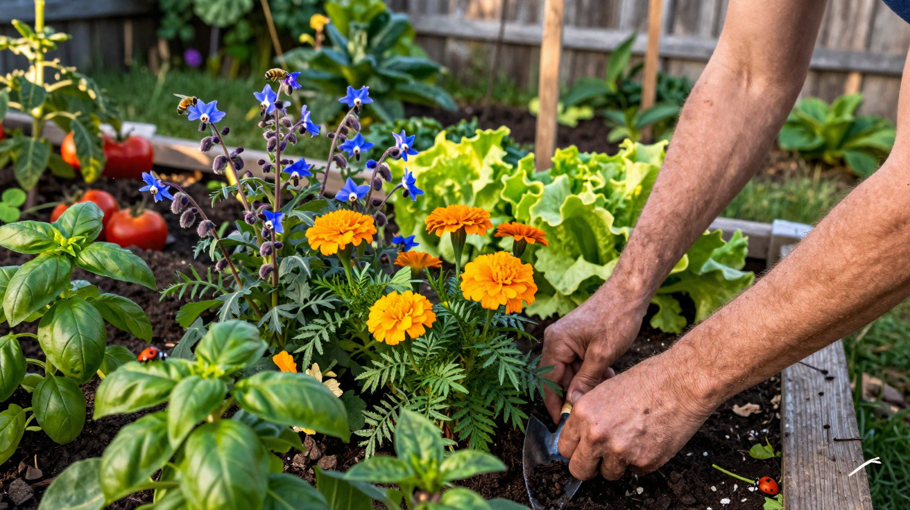 Hands planting marigold flowers in a raised garden bed with basil, tomatoes, and lettuce nearby.
