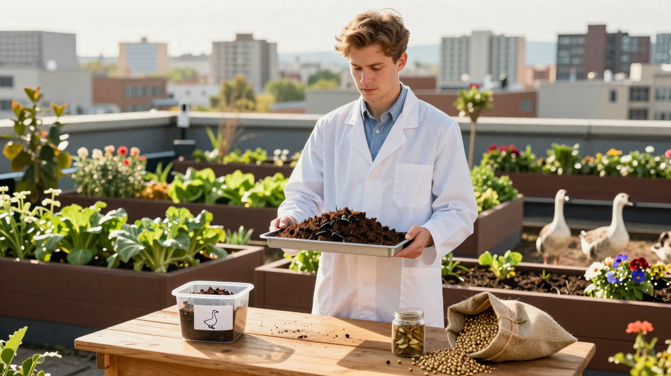 Scientist in white coat holding soil tray on rooftop garden with plants, seeds, and ducks in the background.