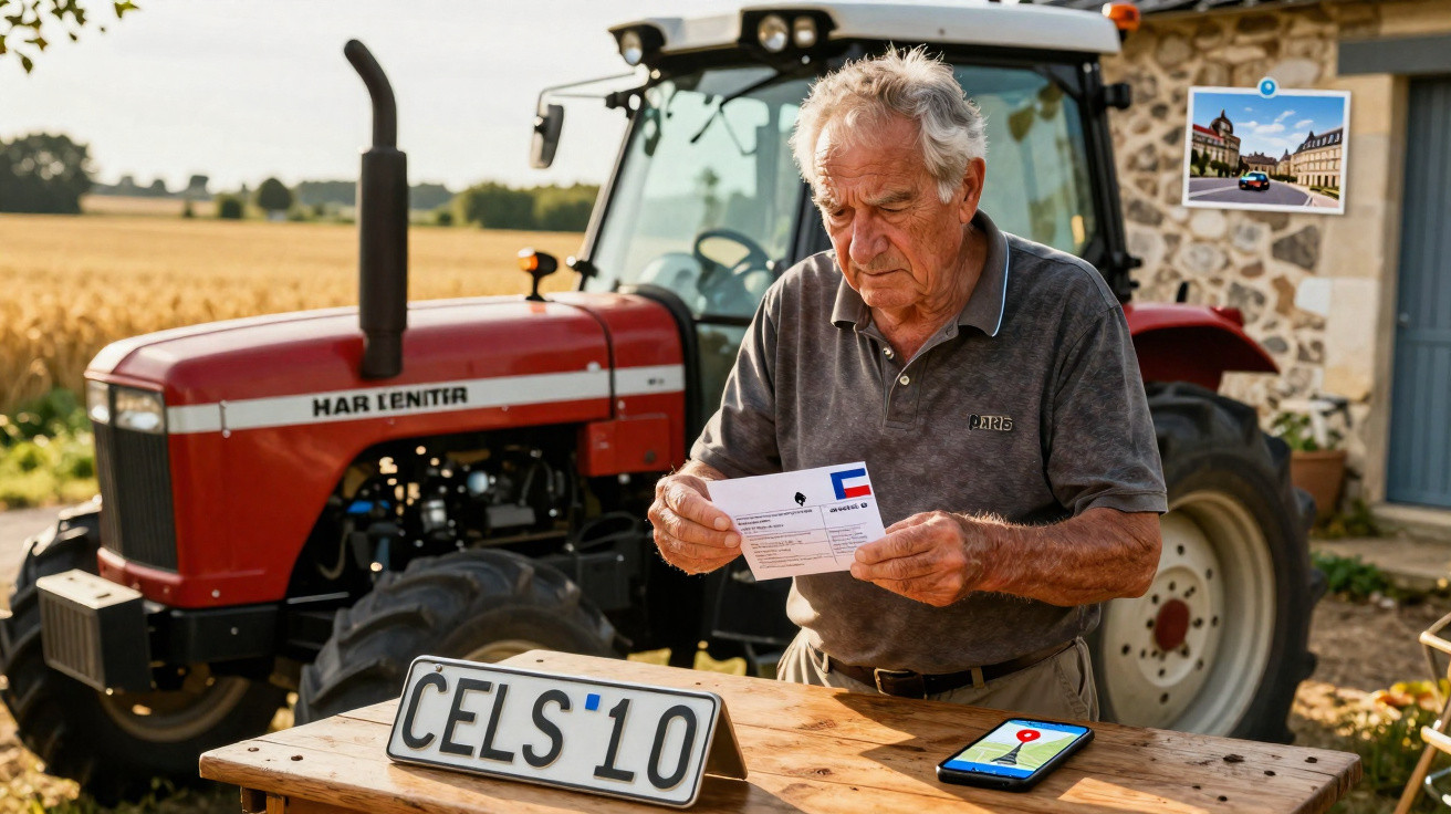 Elderly man reading a letter outdoors by a tractor with a license plate and smartphone on table.