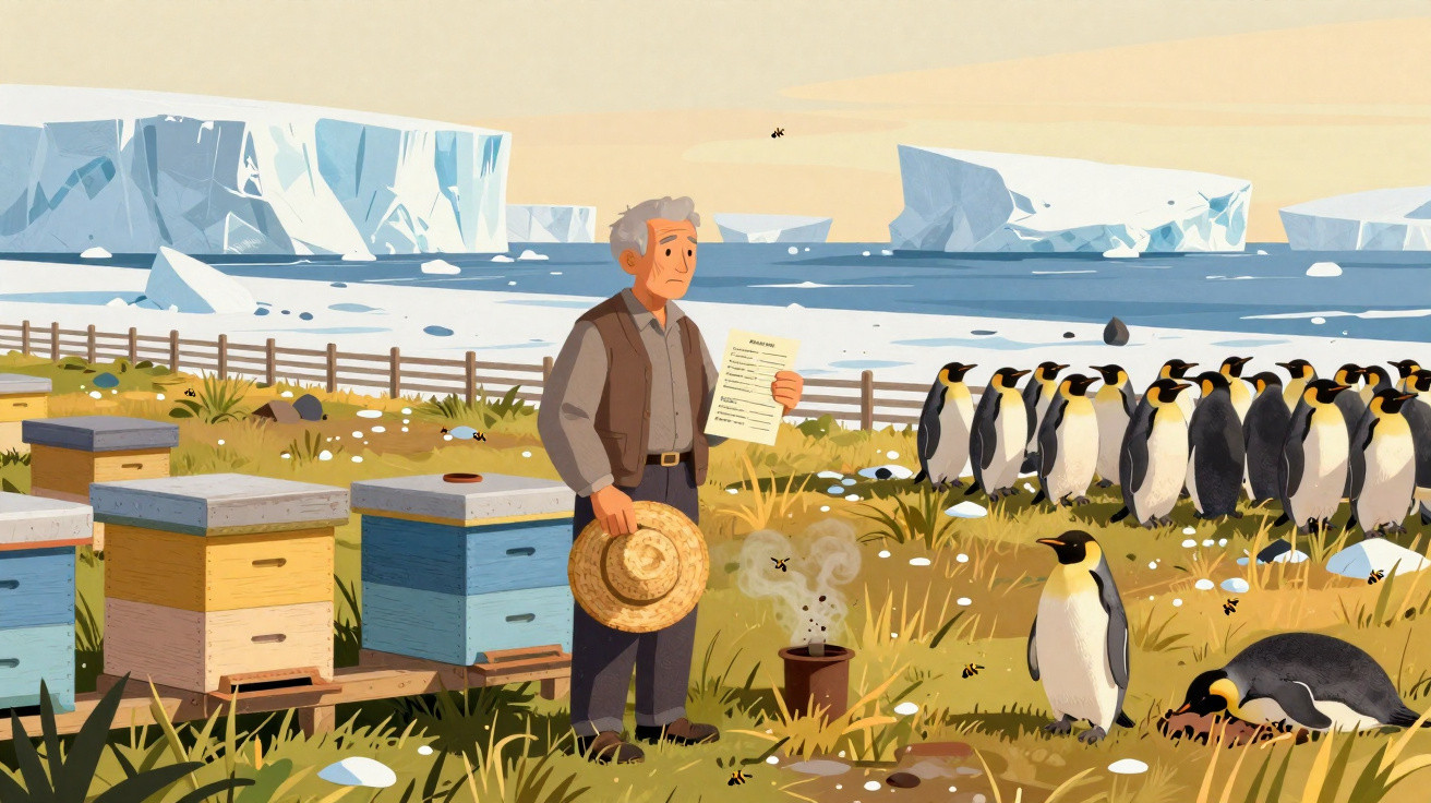 Man holding a document and hat near beehives in an icy landscape with a group of penguins and icebergs in the background