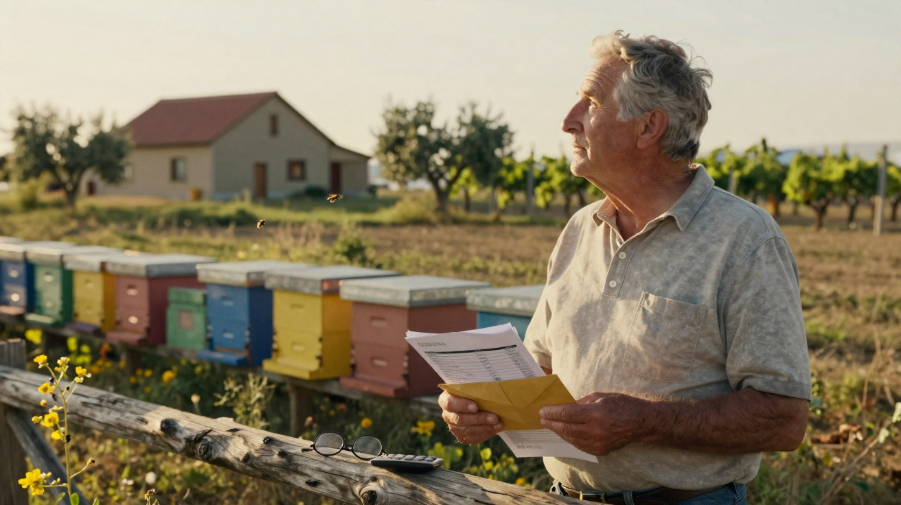 Elderly man holding papers stands near colourful beehives in rural garden with house and trees in background.
