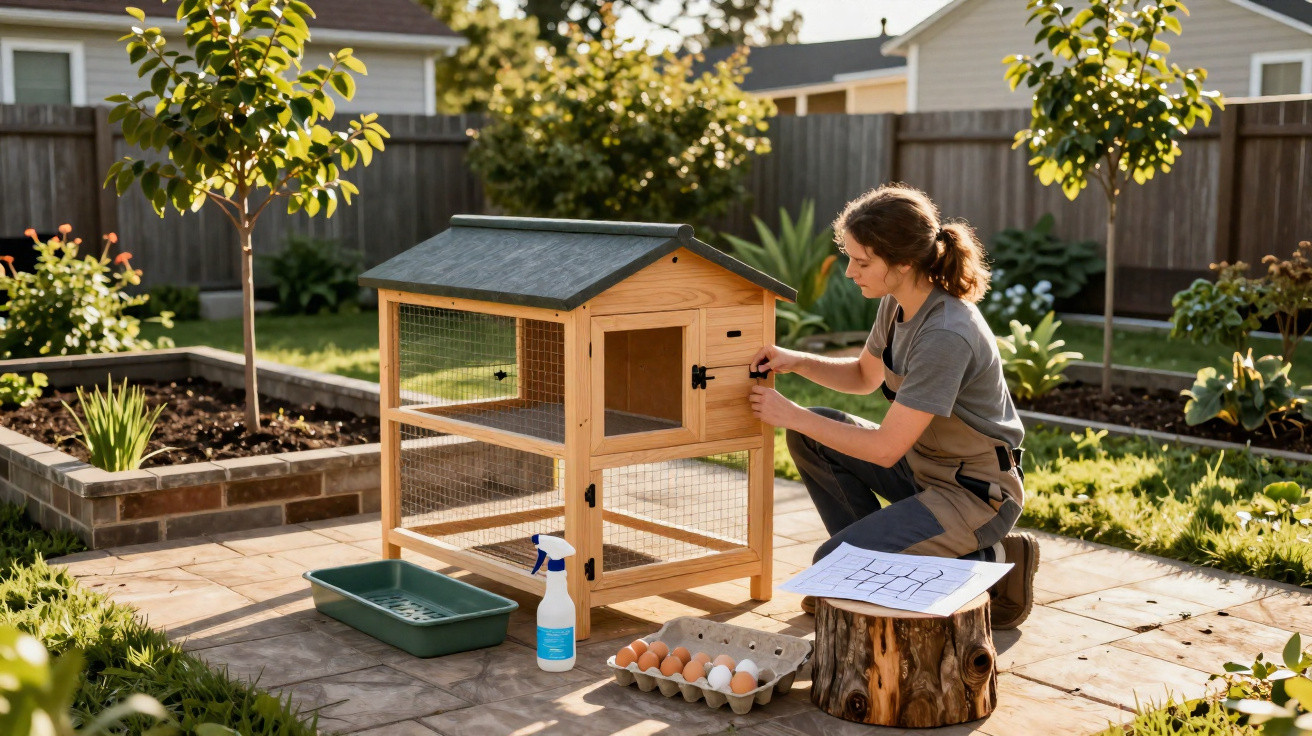 Person assembling a wooden chicken coop outdoors in a garden on a sunny day.