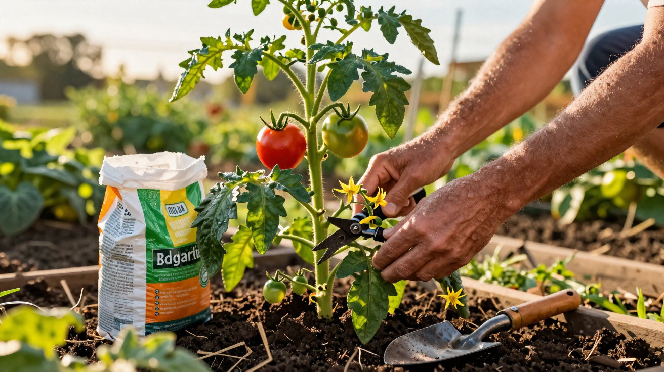 Hands pruning yellow flowers on a tomato plant in a garden with gardening tools nearby.