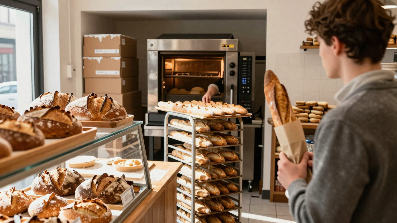 Person holding baguettes in bakery with shelves of bread and baker removing rolls from oven