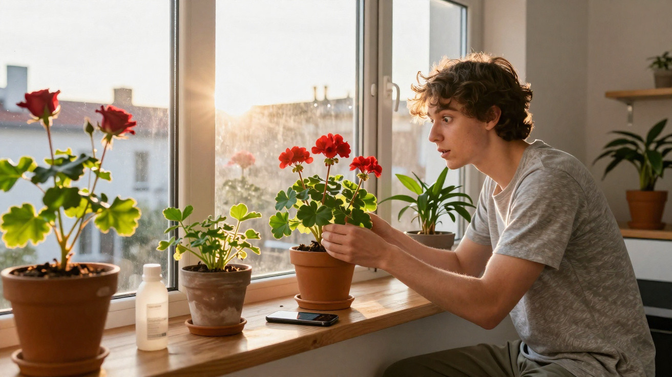 Young man tending to red geraniums on a windowsill bathed in warm sunlight.