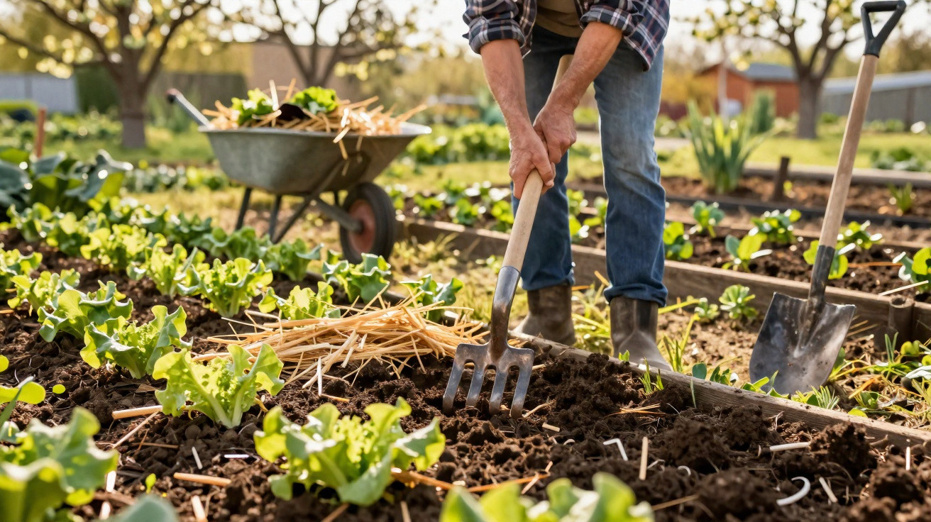 Person using a garden fork to cultivate soil in a vegetable garden with lettuce and tools nearby.