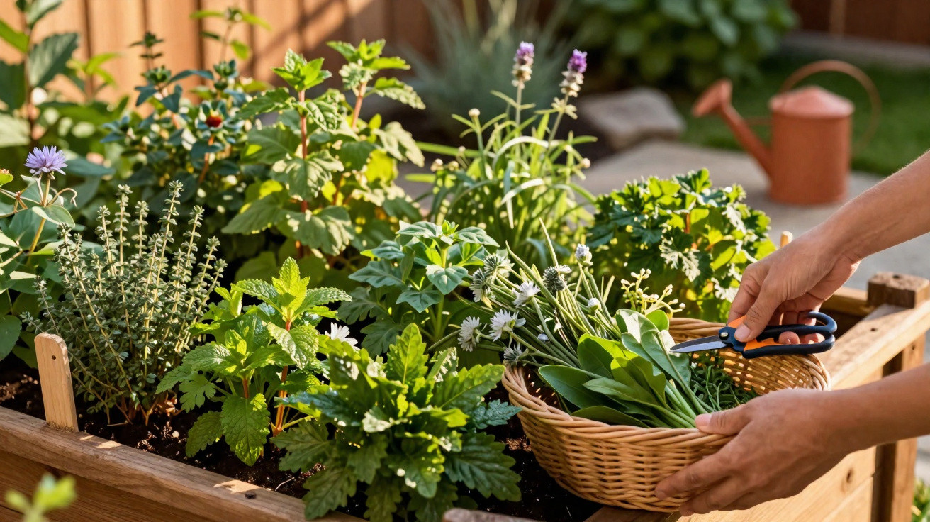 Hands harvesting fresh herbs with scissors into a wicker basket from a raised wooden garden bed.