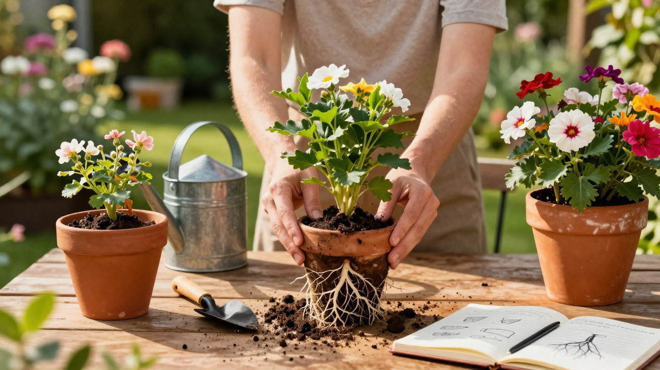 Person repotting flowering plants on a wooden table with gardening tools and an open notebook in a garden.