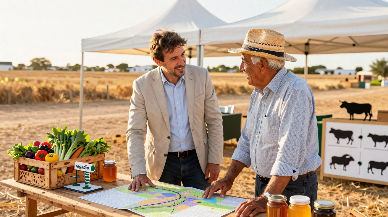 Two men discussing agricultural plans at a farm stand with crops and jars under a canopy.