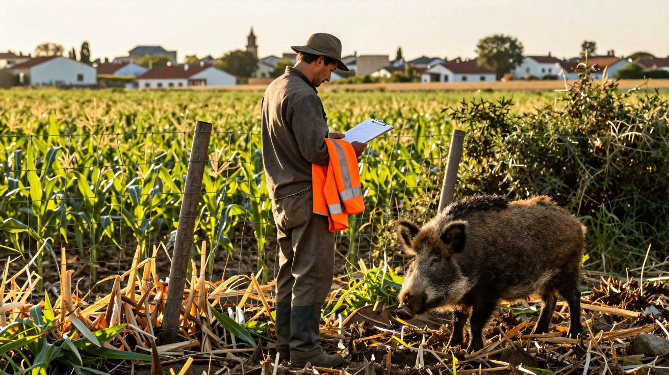 Farmer wearing a hat and boots stands in a field, reading papers with a wild boar nearby at sunset.