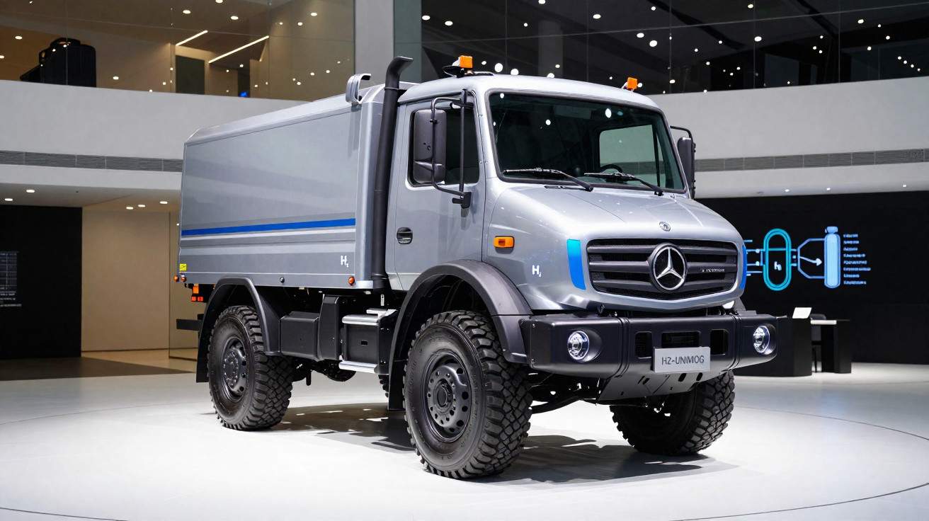 Silver Mercedes-Benz Unimog truck with large off-road tyres displayed indoors on a white platform.