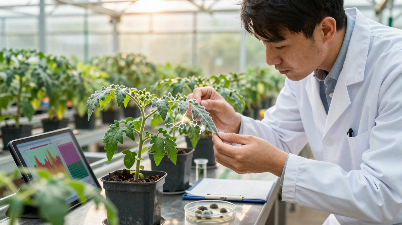 Scientist in a lab coat examining a tomato plant leaf in a greenhouse with a laptop and petri dish nearby.