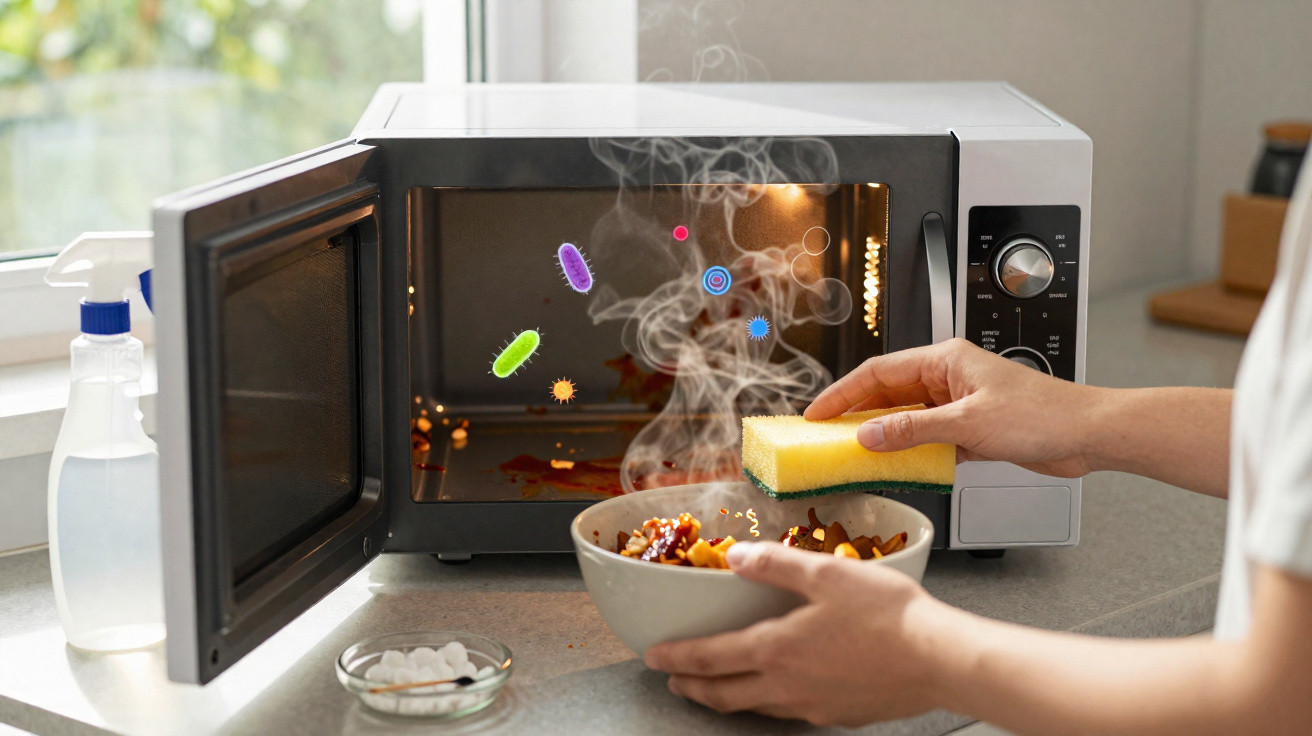 Person holding a sponge and a steaming bowl of food in front of an open microwave with illustrated germs inside.