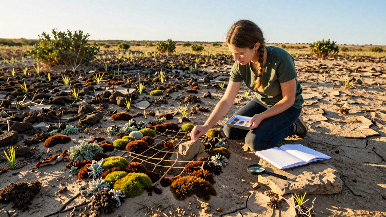 Young woman studying and arranging moss and plants on cracked dry soil in an outdoor natural environment.