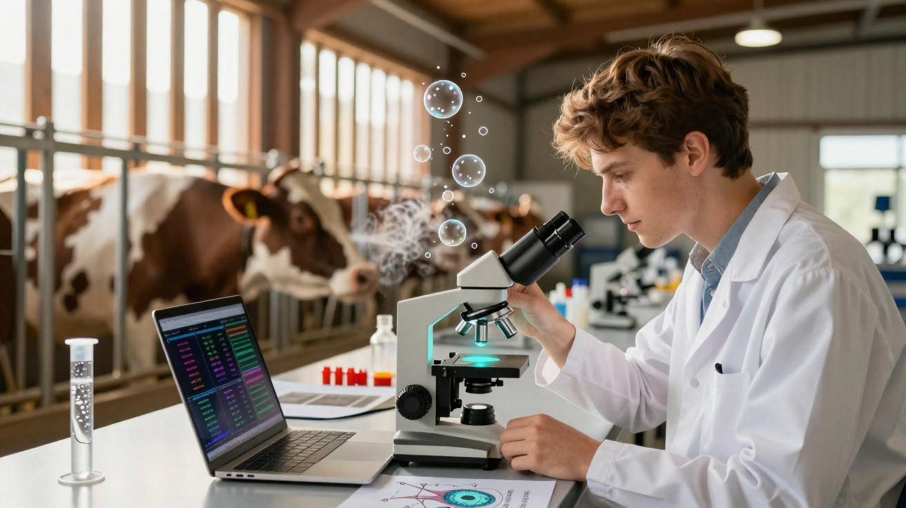 Young scientist in lab coat using microscope in a barn with cows and laptop on table.