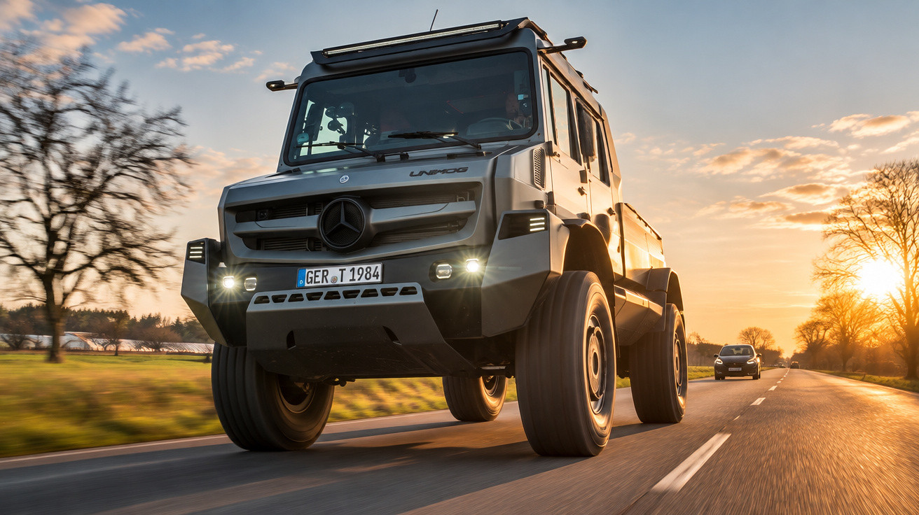 Silver Mercedes-Benz Unimog truck driving on a rural road at sunset with trees and a car behind it.
