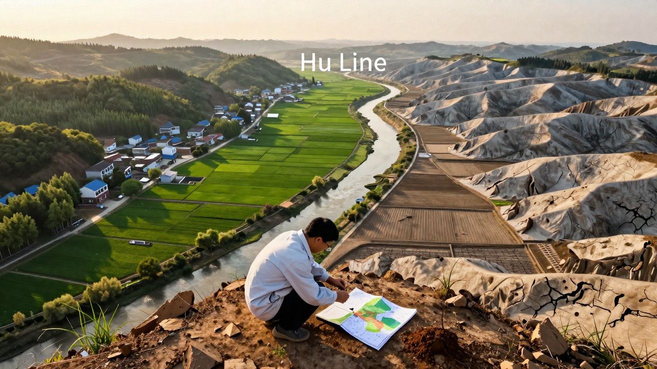 Person studying a map on a hilltop overlooking a river separating green fields and barren hills.