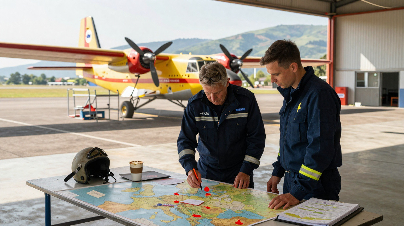 Two men in uniform planning flight routes on a map indoors with a yellow and red plane in the background.